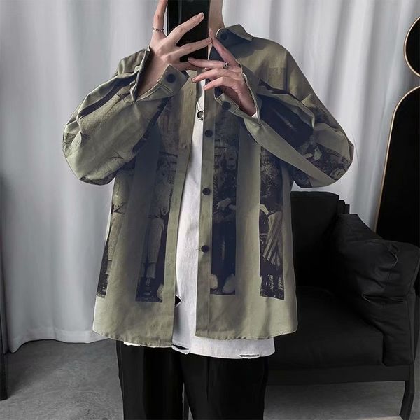 

men's long sleeve korean fashion casual loose ruffian handsome versatile inch tooling graffiti shirt coat, White;black