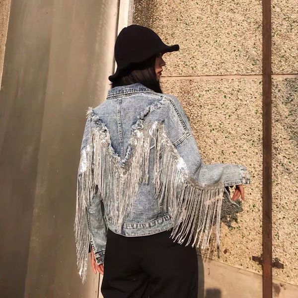 

fashion spring and autumn new sequins fringed loose was thin short casual wild denim jacket1, Black;brown