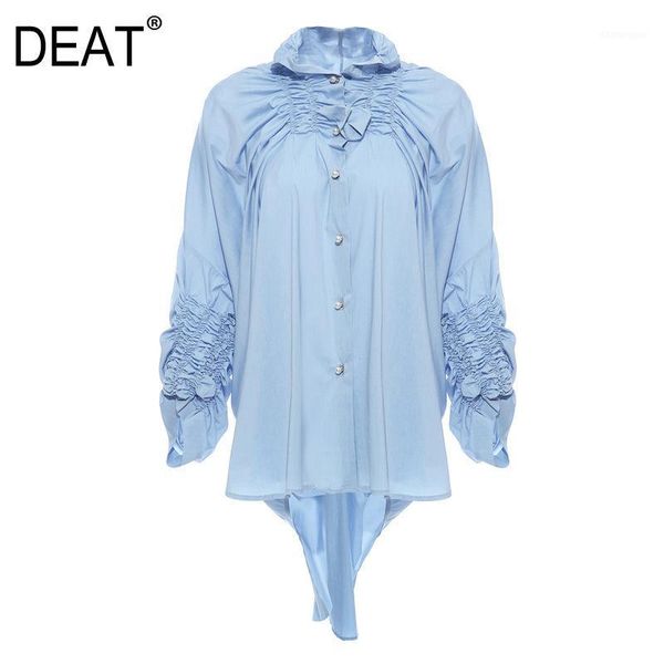 

deat 2020 new spring women clothes turn-down collar drawstring sleeves single breasted pleated shirt female blue blouse wk46105l1, White