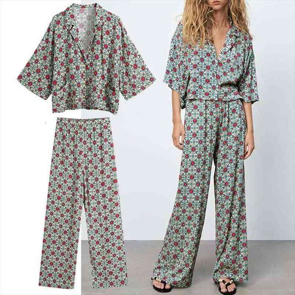 

za women 2 piece set female vintage print shirts set casual blouse high waisted pants woman outfit suit, White