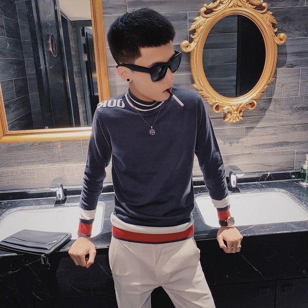 

autumn winter sweater color matching hanfeng t-shirt letter half high collar long sleeve sweater with wool backing, male, White;black