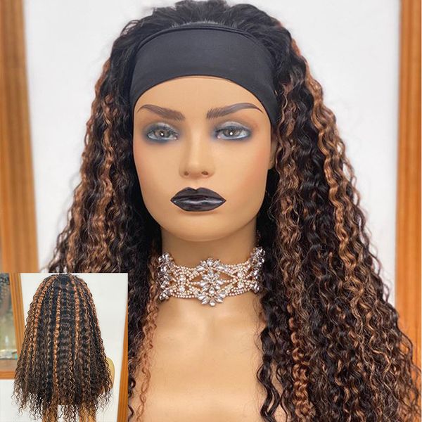 

ombre highlight wig honey blonde colored full machine made wig with head band human hair brown ombre curly headband wig remy, Black;brown