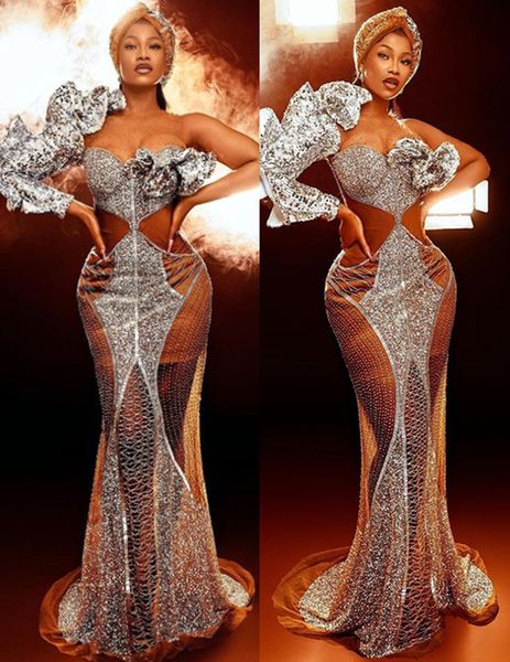 

2022 plus size arabic aso ebi silver mermaid sparkly prom dresses beaded illusion evening formal party second reception birthday engagement, Black