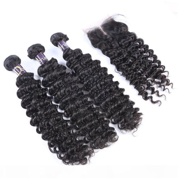 

lace closure with brazilian hair 3 bundles deep wave human hair weave unprocessed indian malaysian peruvian hair extensions, Black