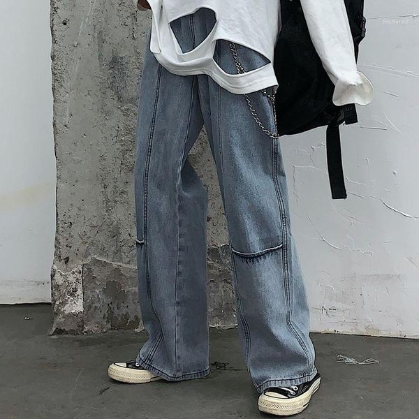 

men's jeans fashion men's brand hip hop autumn torn solid cotton straight tube loose vintage washed pants streetwear mlaes1, Blue