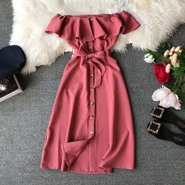 

2020 summer women's slash neck dress elegant solid color slash neck collar off-shoulder slim ruffled belt long dress female1, Black;gray