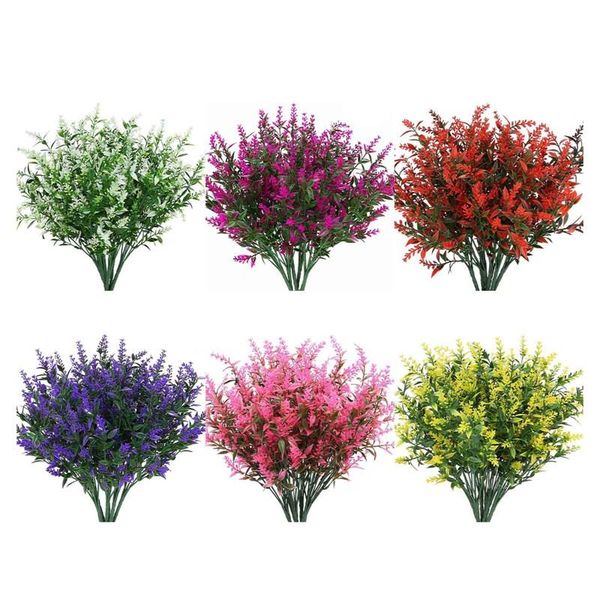 

6 pieces artificial lavender flowers plants lifelike plant fake shrubs greenery bushes plastic bouquet garden courtyard decor