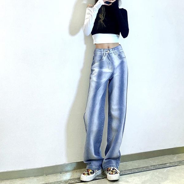 

striped jeans women's gradient color loose baggy jeans high waist slim long straight pants girls vintage streetwear, Blue
