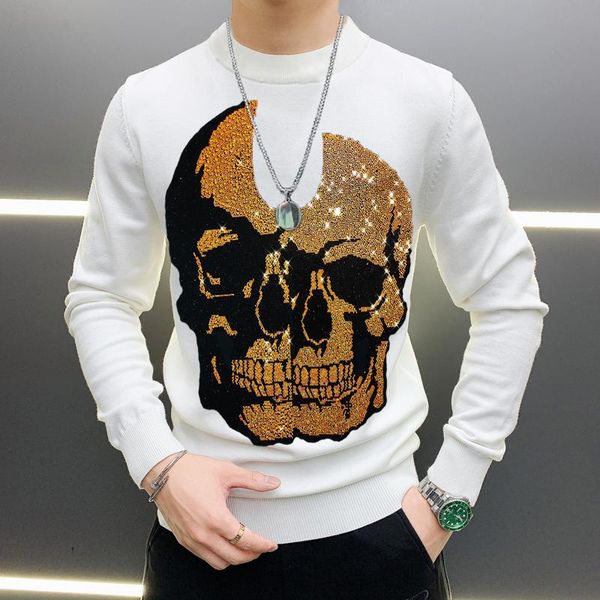 

men's sweaters knit sweater fall and winter fashion brand personality slim-fit skull shiny rhinestone design pullover, White;black