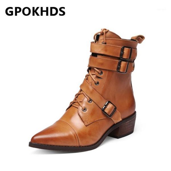 

gpokhds 2021 women ankle boots cow leather winter short plush pointed toe metal decoration med heels female motorcycle boots siz1, Black
