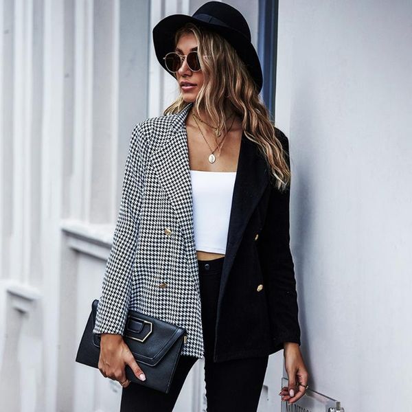 

houndstooth patchwork women's plaid blazer coat 2021 autumn winter fashion long sleeve double breasted female outerwear chic top, White;black