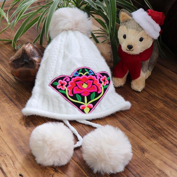 

winter knitted beanies hats thick warm bonnet solid bonnet furry balls hats fashion pretty flowers outdoor riding cap for women, Blue;gray