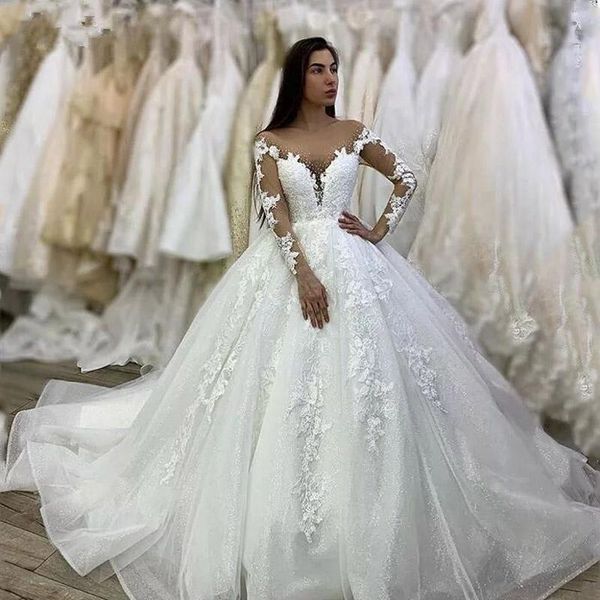 

sparkle white ball gown princess wedding dresses for bride 2022 sheer long sleeves appliques lace plus size tulle graden bridal gowns vestid