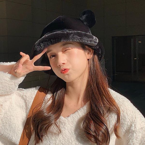 

wide brim hats faux fur leopard cow winter bucket for women lady girls thick warm harajuku fuzzy panama cute ears puffy fisherman bob hat, Blue;gray