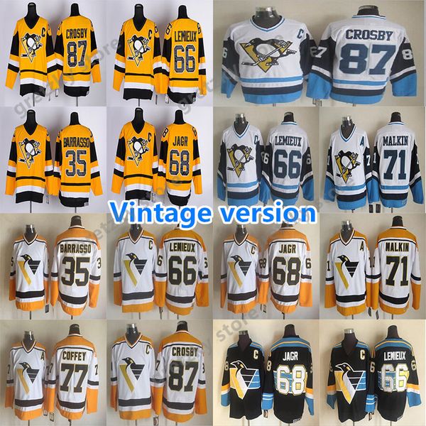 

men's pittsburgh penguins fantastic vintage jerseys 87 crosby 66 lemieux 68 jagr 71 maklin 77 coffey 35 barrasso ccm hockey jerseys, Black;red
