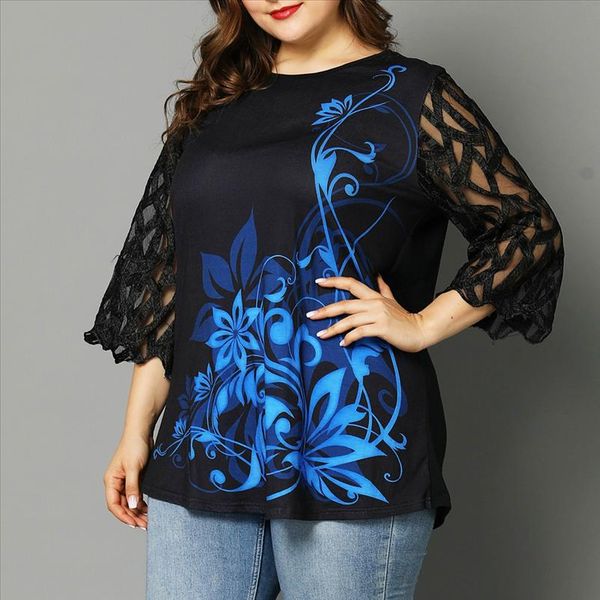 

floral print button detail womens and blouses 2020 summer casual o neck lace half sleeve tunic women plus size tee shirt, White