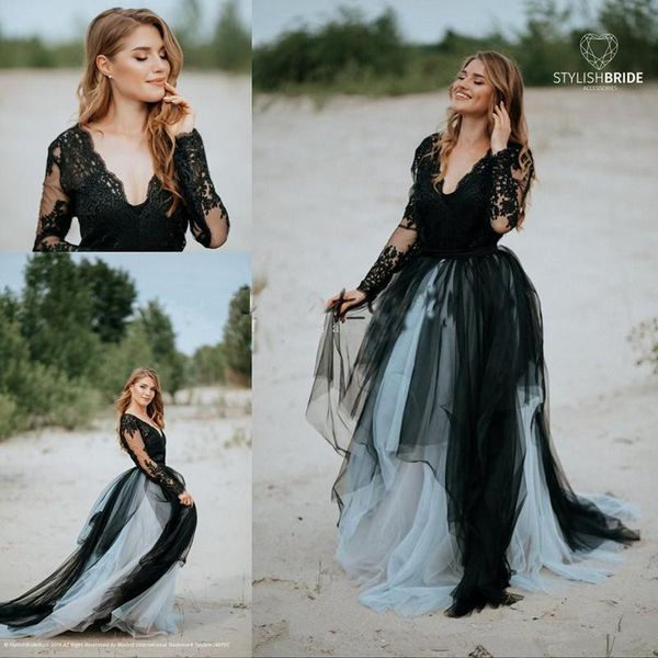 

country v neck wedding dress 2021 black lace applique long sleeves bride robe de marrige a line tulle vestidos de novia, White