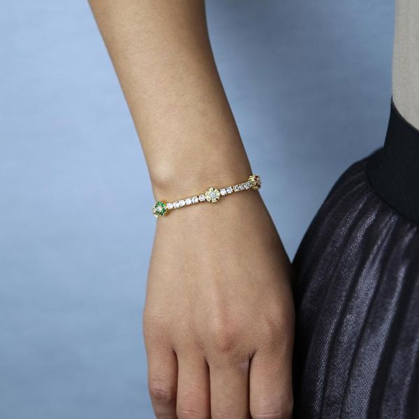 

charm bracelets arrived 3mm cz tennis chain bracelet bangle with colorful paved flower for women lady wedding jewelry, Golden;silver