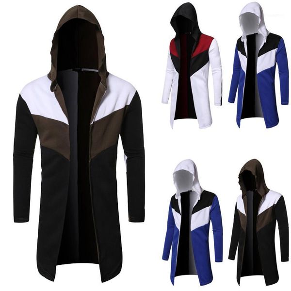 

men's hooded patchwork trench coat jacket casual cardigan long sleeve outwear men's hooded trench cardigan zipper outwear1, Black