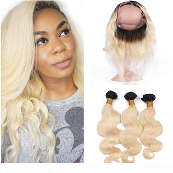 

1b 613 blonde ombre 360 full lace frontal closure with 3bundles body wave bleach blonde ombre peruvian virgin hair with 360 lace frontal, Black;brown