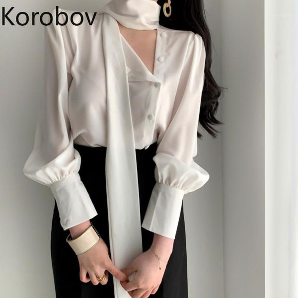 

korobov korean single breasted elegant chiffon blouses women puff long sleeve lacing collar female blusas 2020 new chic shirts1, White