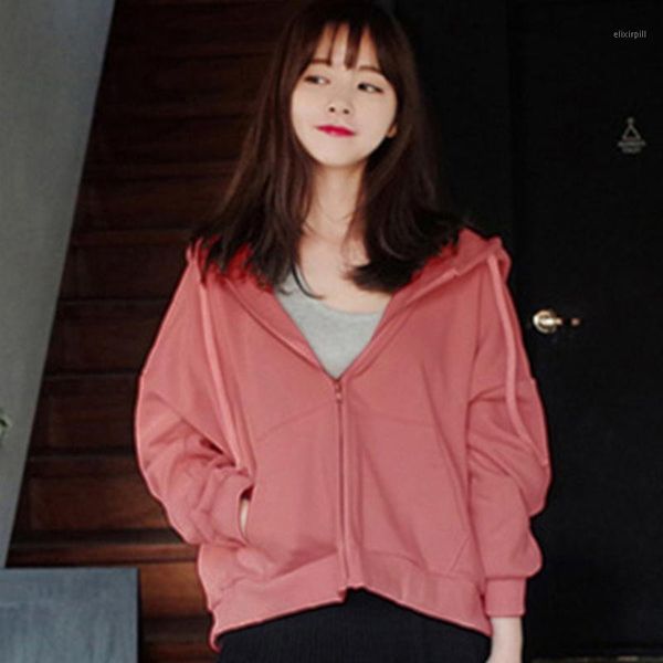 

women solid color hooded cardigan thin student jacket coat spring and autumn casual zipper women's basic models1, Black;brown