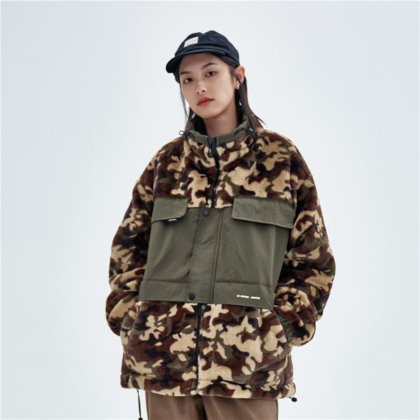 

winter trendy mens cotton coat imitation rabbit fur camouflage stitching contrast thickening trendy cotton coat mens down jacket, Black