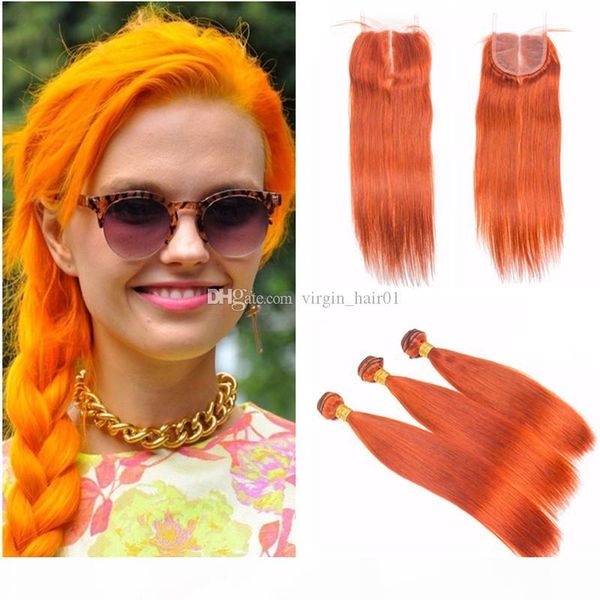 

russian orange straight hair with closure human orange colored hair bundles 3pcs with 4*4 part lace closure, Black;brown