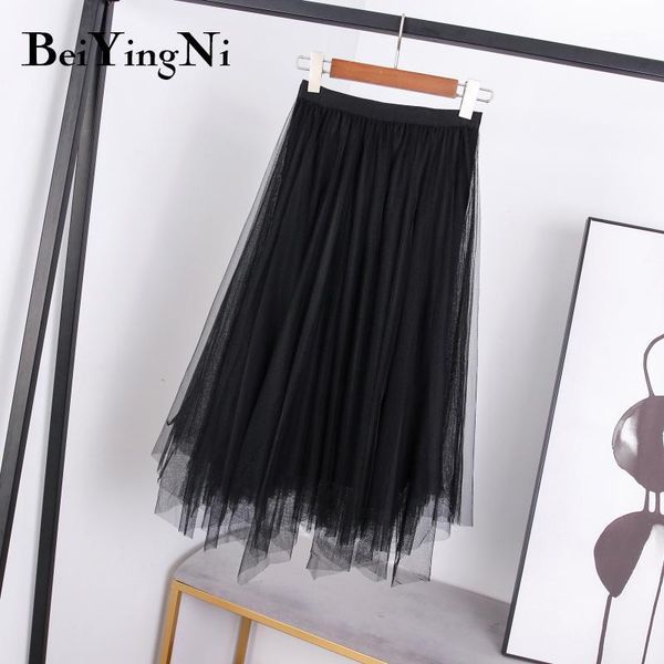 

beiyingni autumn tutu skirts womens mesh elastic waist solid black 2020 midi tulle skirt a line irregular pleated saia korean1