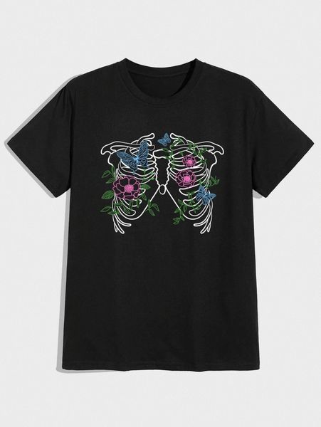 

romwe guys skeleton & floral graphic tee e0qa#, White;black