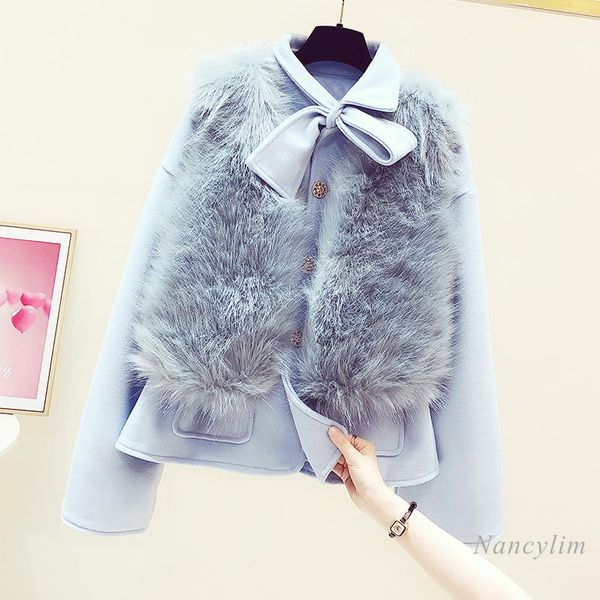 

bow collar woolen coat women's 2020 new winter clothes fashion thick warm imitation fur jacket lady outwears slim fit, Black