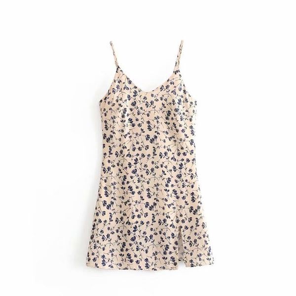 

6785-19 summer french pastoral v-neck side slit hem mini sling dress, Black;gray