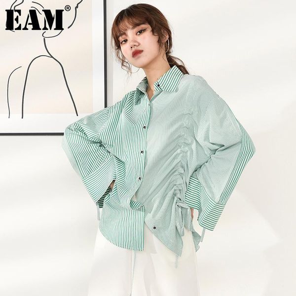 

eam] women green striped drawstring blouse new lapel long sleeve loose fit shirt fashion tide spring autumn 2020 1da462061, White