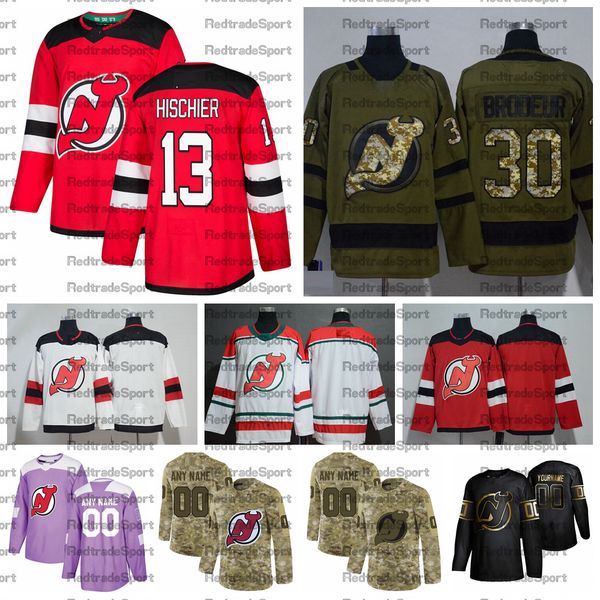 

2021 customize #13 nico hischier new jersey devils jerseys golden edition camo veterans day fights cancer custom stitched hockey jerseys, Black;red