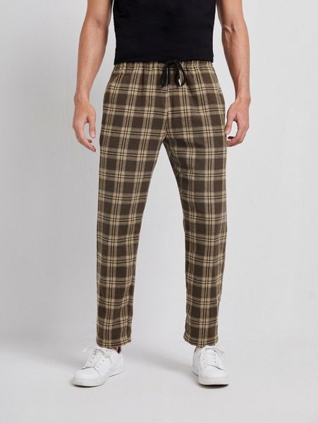 

men plaid print drawstring waist pants b6hu#, Black