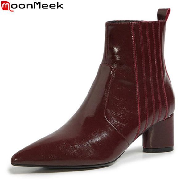 

moonmeek 2020 genuine leather boots square heels pointed toe ladies shoes autumn winter solid color ankle boots for woman, Black