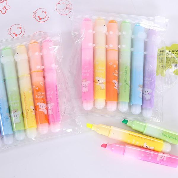 

6pcs set cute lovely dog colorful highlighter marker pen drawing fluorescence marker pen school office supply student stationery h wmtdry, Black;red