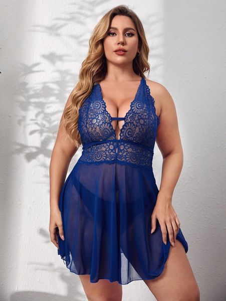 

plus contrast lace mesh dress with thong y6ku#, Black;white