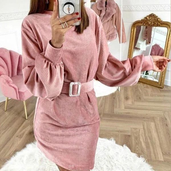 

vintage corduroy sheath mini dresses women lantern sleeve o-neck office solid dress 2020 fashion autumn winter casual vestidos1, Black;gray
