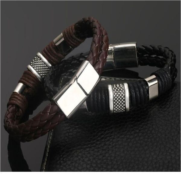 

stainless steel charm bracelet braided black brown genuine leather bracelet for men's hand wristband sqcncu, Golden;silver