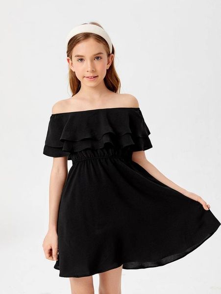 

girls off shoulder layered ruffle trim a-line dress she, Red;yellow