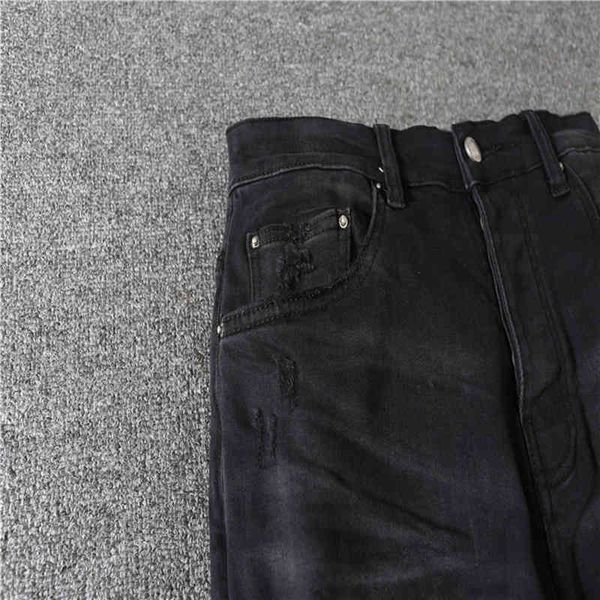 

men's jeans hip-hop high street fashion brand amr retro torn fold stitching techwear designer motorcycle riding slim pants uxvy, Blue
