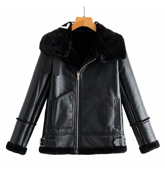 

new autumn winter design fashion women's faux lamb fur patchwork letter print suede leather warm jacket coat plus size s m l, Black
