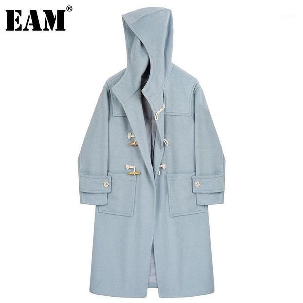 

eam] big size thick horn button blue woolen coat parkas new hooded long sleeve women fashion tide autumn winter 2021 1dd36591, Black