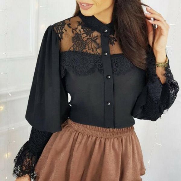 

women lace floral printed fashion long sleeve ladies summer casual office ladies blouse shirts1, White