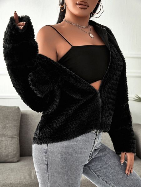 

sxy solid zip up teddy jacket v0rt#, Black;brown