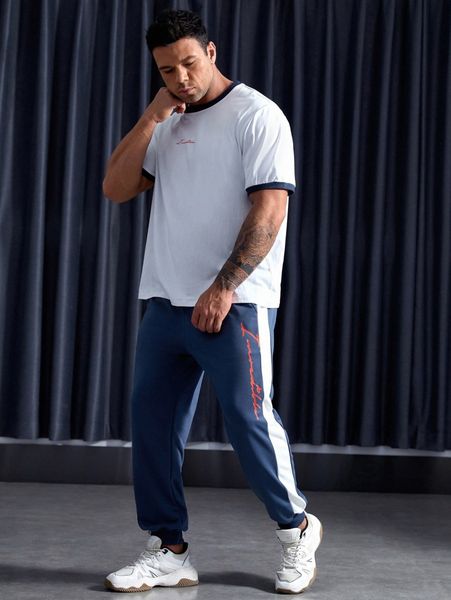 

extended sizes men contrast trim letter graphic tee & contrast side seam pants r3au#, Gray