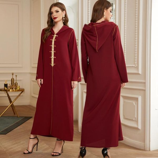 

elegant dark color women's muslim woman long-sleeved hooded dresses kaftan rhinestone decoration dress mexican party dress abaya, Red