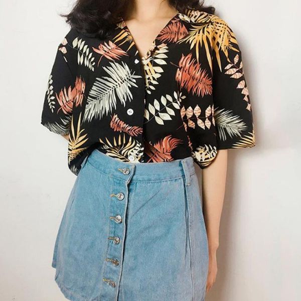 

2020 new summer blouse hawaii shirt women blouses cotton face plant printing women ladies clothing1, White