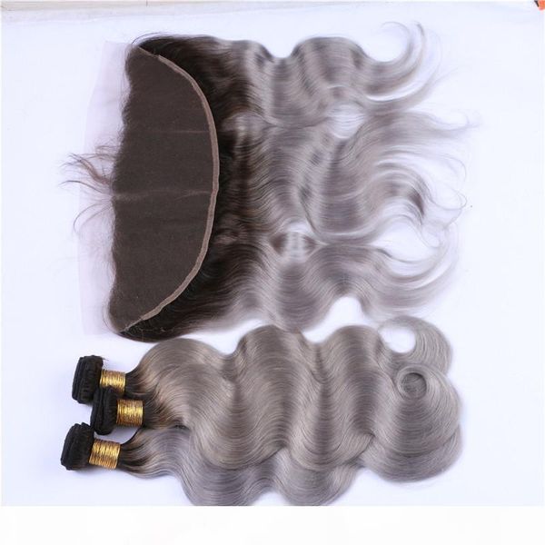 

body wave grey ombre lace frontal closure with 3bundles dark rooted silver grey ombre indian virgin hair weaves with 13x4 full lace frontal, Black;brown